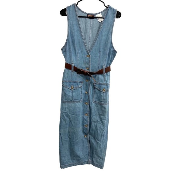 Vintage Faded Glory Sz 6 Blue Denim Buttoned Sleeveless Belted Dress Cowgirl Y2K - Picture 1 of 9